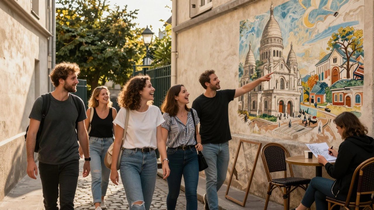 A group enjoys a walking tour in Montmartre as a local guide points to a mural, sunlight warming the scene.