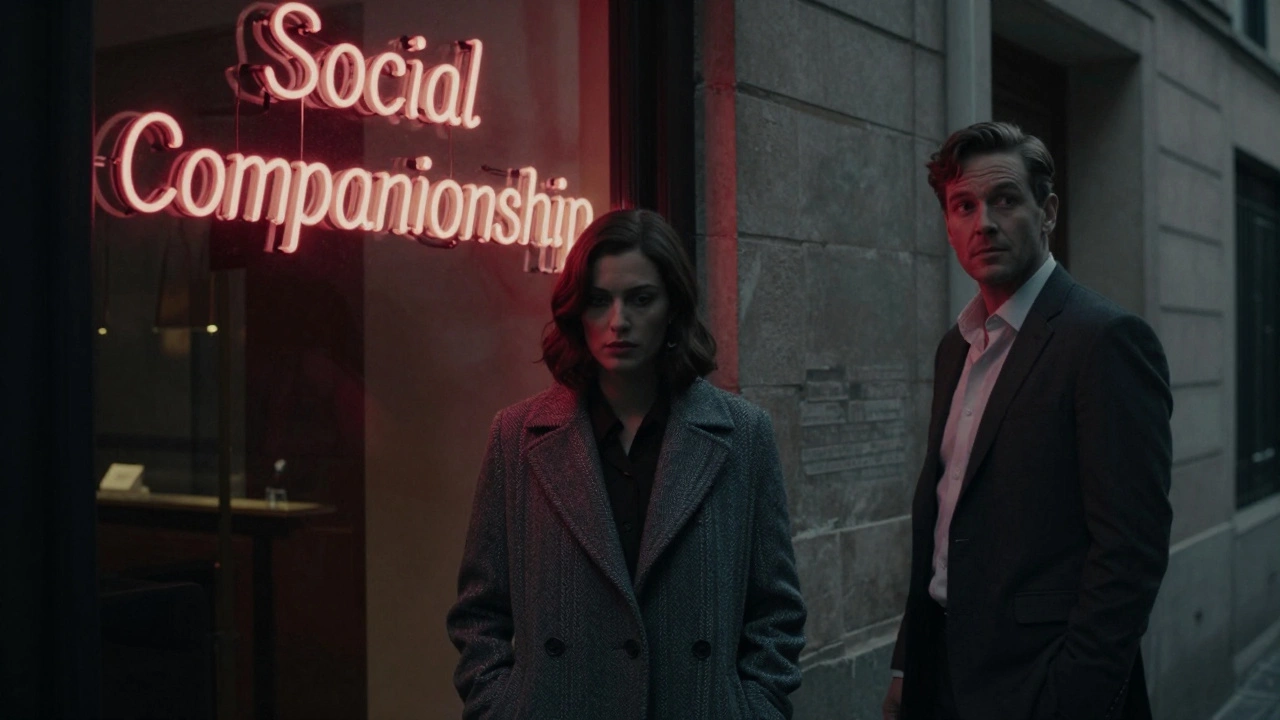A woman in a coat hesitates in a shadowy Paris alley beside a flickering &#039;Social Companionship&#039; sign.